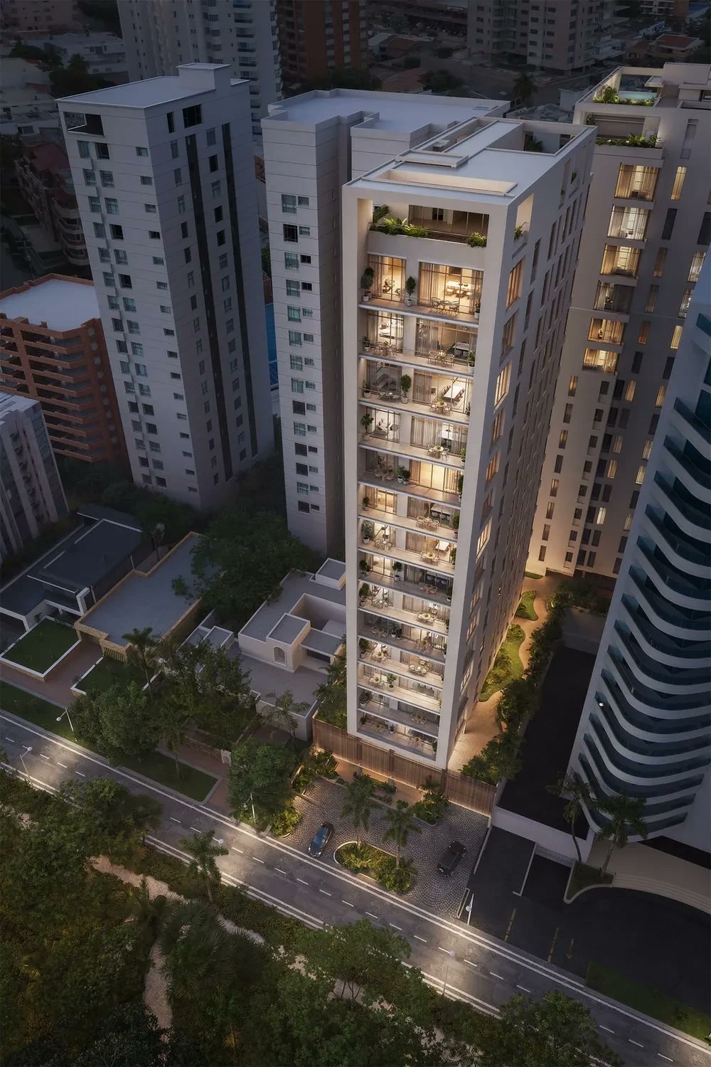 Render del Edificio Galé de noche