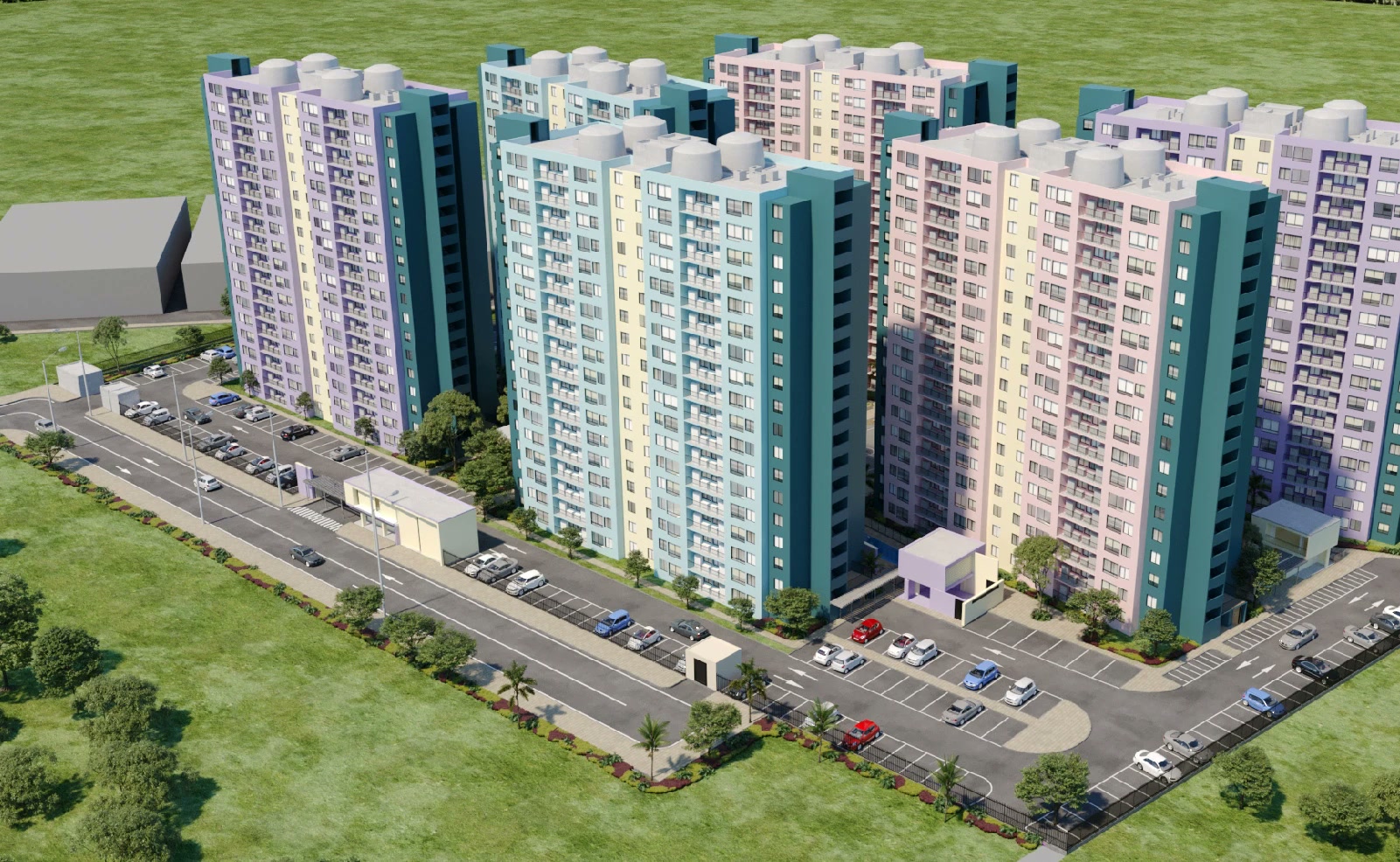 Render del conjunto Altos de Solemio: torres de vivienda y parqueaderos